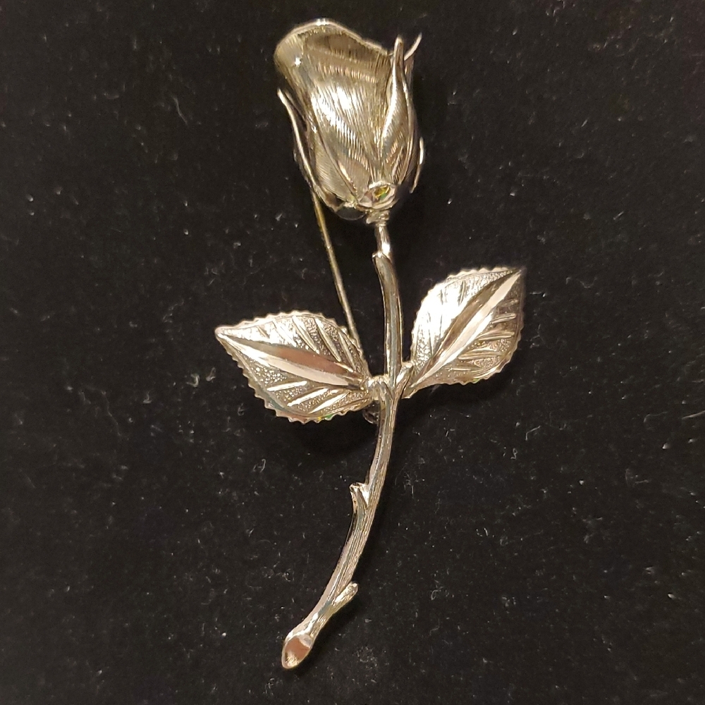 Vintage Silvertone Rose Brooch 3 Inches Long